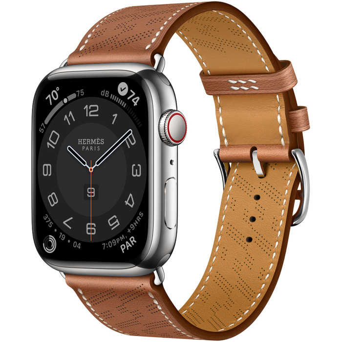 Apple Watch Hermes Series 8 GPS + Cellular, 45mm Silver Stainless Steel Case with Gold Swift Leather H Diagonal Single Tour