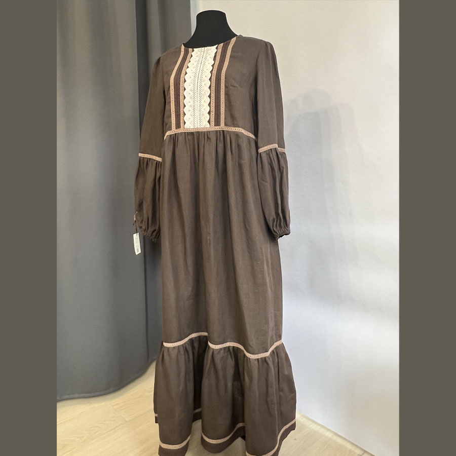 Платье из Льна Коричневое Шоколадное Русское Славянское
