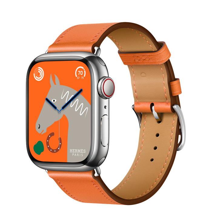 Apple Watch Hermes Series 8 GPS + Cellular, 41mm Silver Stainless Steel Case with Gold Swift Leather Attelage Double Tour