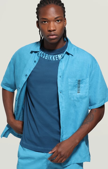 Mens linen shirt garment dyed | LIGHT BLUE | Bikkembergs