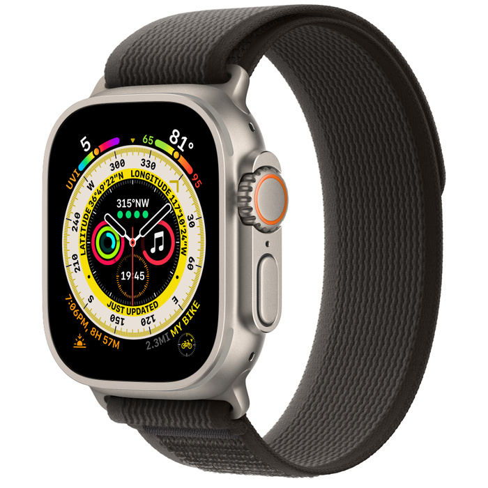 Apple Watch Ultra GPS + Cellular, 49mm Titanium Case with Black/Gray Trail Loop - S/M