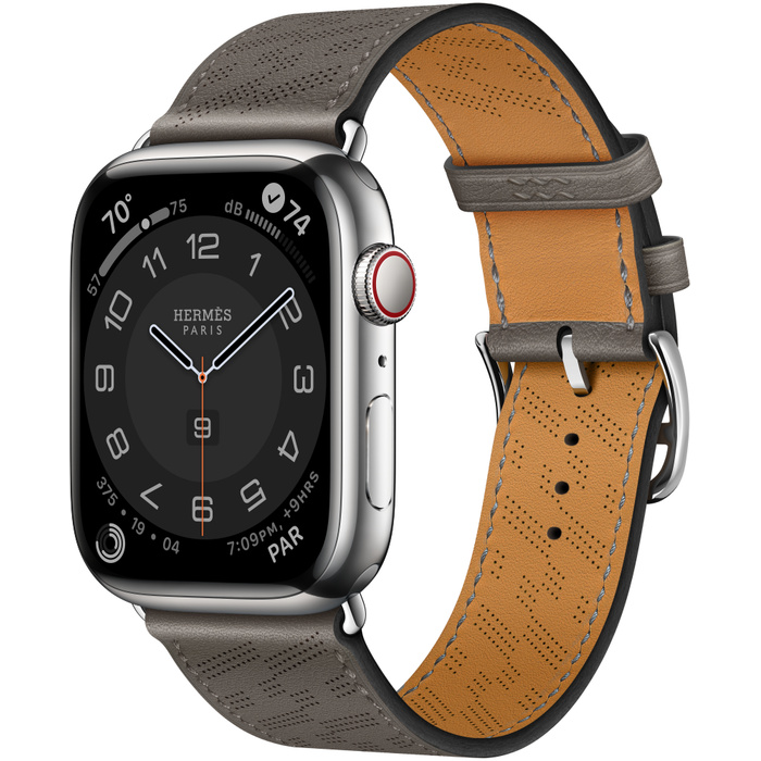 Apple Watch Hermes Series 8 GPS + Cellular, 45mm Silver Stainless Steel Case with Gris Meyer Swift Leather H Diagonal Single Tour