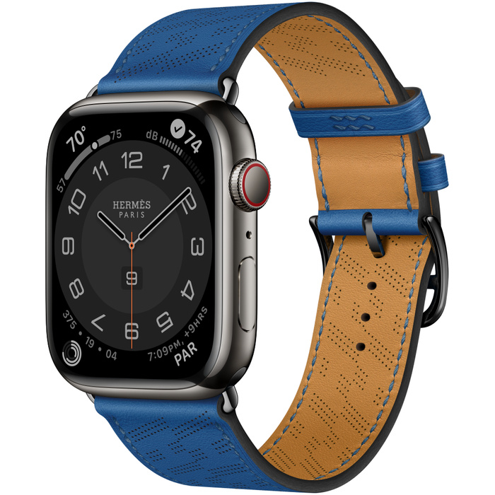 Apple Watch Hermes Series 8 GPS + Cellular, 45mm Space Black Stainless Steel Case with Bleu de France Swift Leather H Diagonal Single Tour